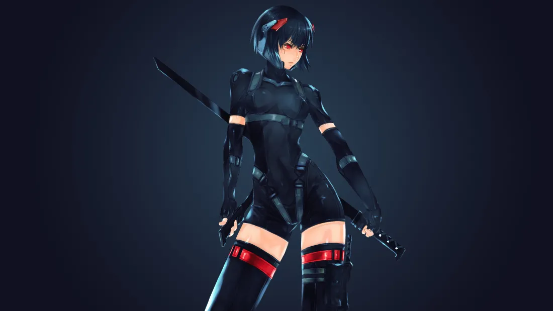 暗调背景下，身着黑色紧身战斗服、持武士刀的短发女武士站立。