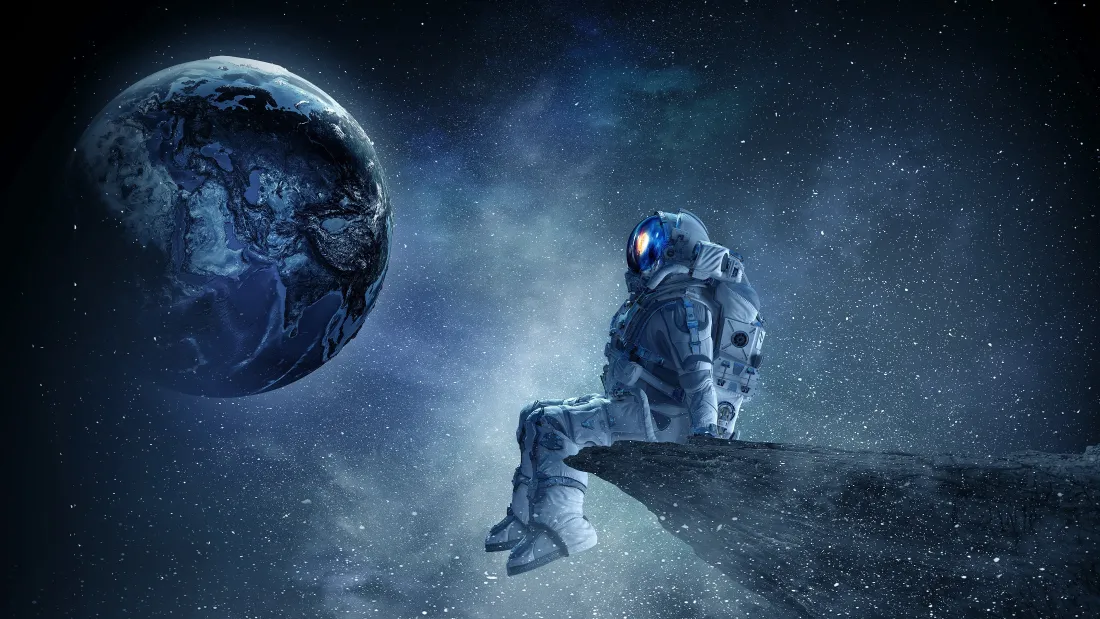 宇航员坐于太空悬崖边缘，凝望悬浮在星空中的蓝色地球。