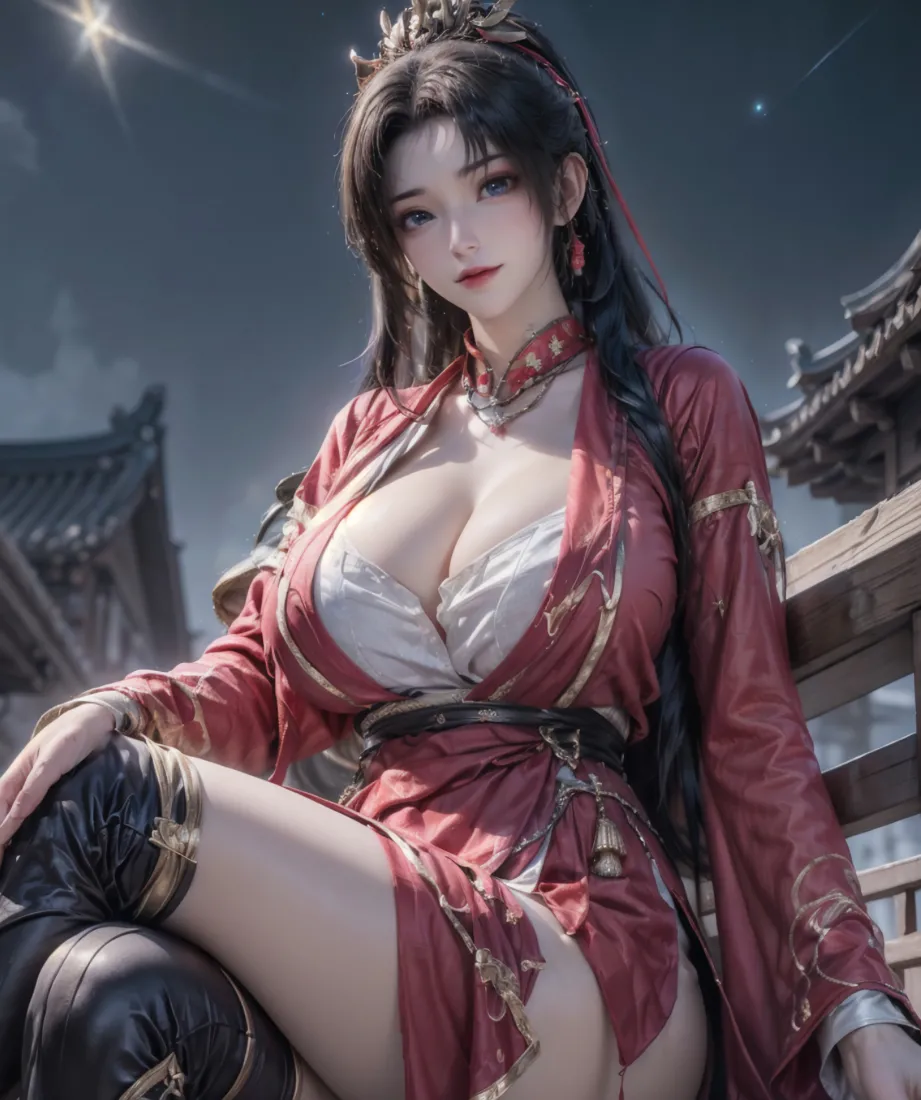 红衣古风女性角色倚坐古建筑旁，背景为暗调夜空与中式飞檐。