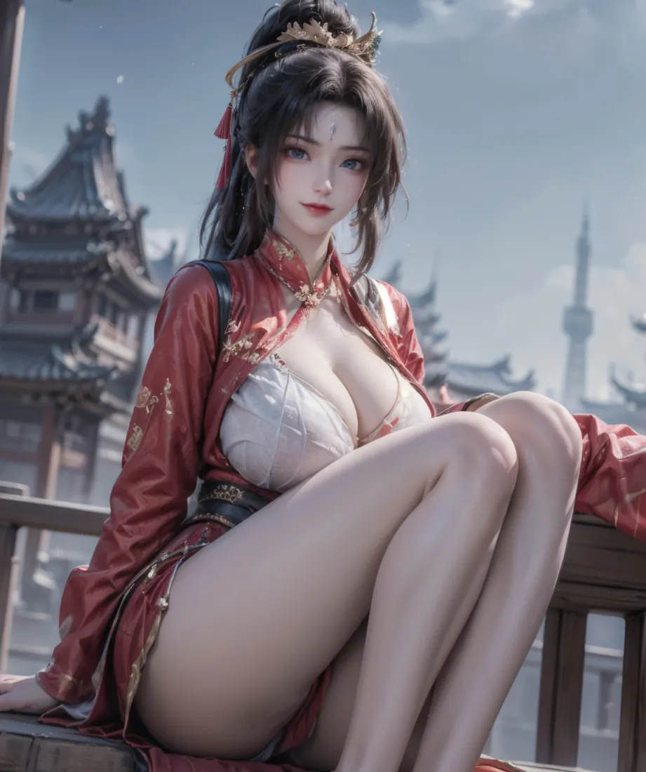 红衣古风女性角色坐于楼阁栏杆，背景为虚化的中式古建筑与晴空。