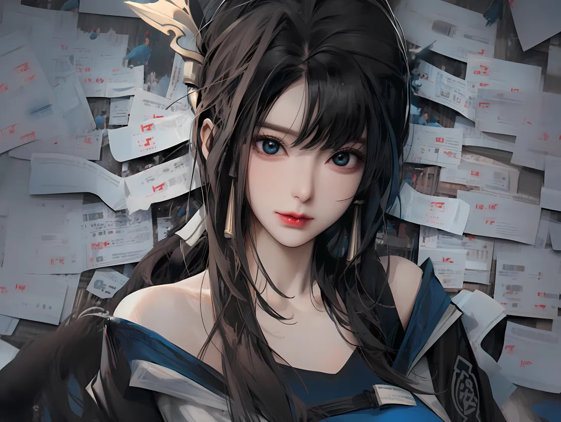 4kAI不知火舞壁纸|高清背景图片 - 格斗女神「哲风壁纸」 黑发蓝眼古风女性半身特写,背景为贴满带红印纸张的墙面