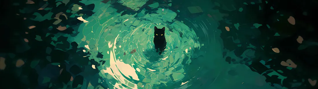 4k孤独猫咪壁纸|水面涟漪背景图片 - 静谧「哲风壁纸」 俯视视角下黑猫静立于泛着涟漪的青绿色水面,四周散落落叶,氛围静谧孤寂。