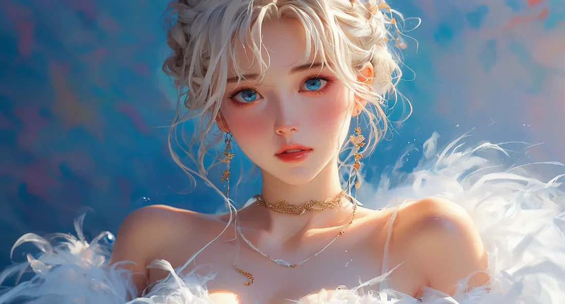 白发盘发蓝眼少女近景，佩戴金色首饰，身着白色羽毛服饰，蓝调朦胧背景。