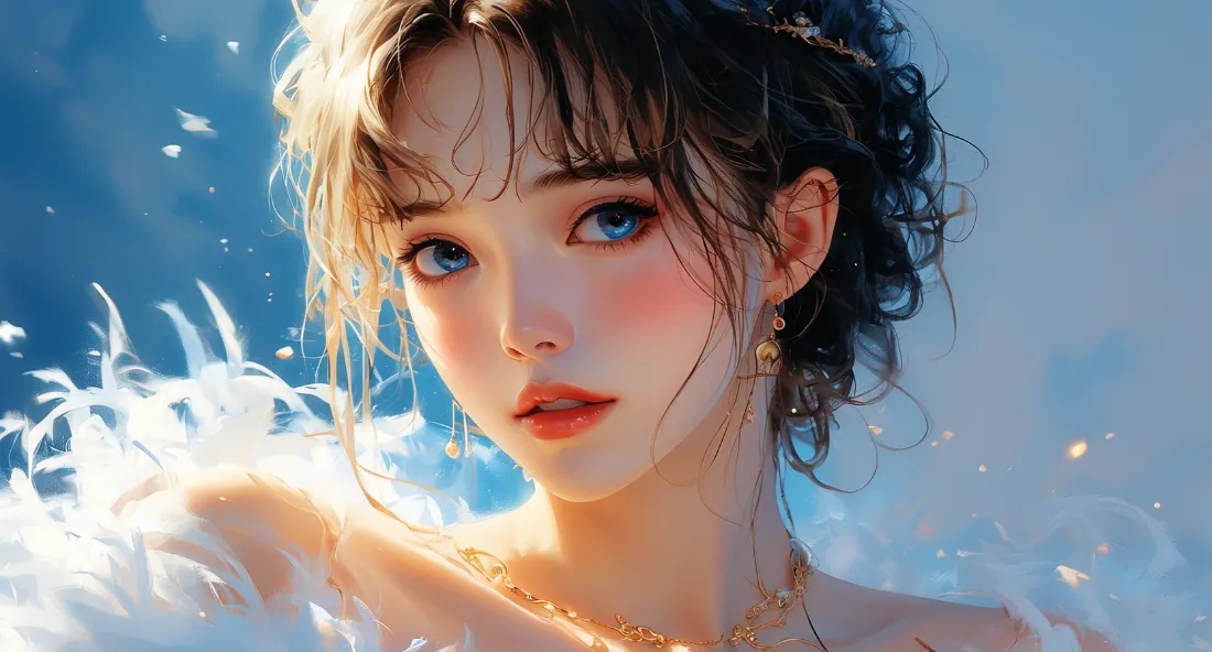 蓝眼黑发卷发少女近景特写，白色羽毛环绕，蓝色背景点缀金色光斑