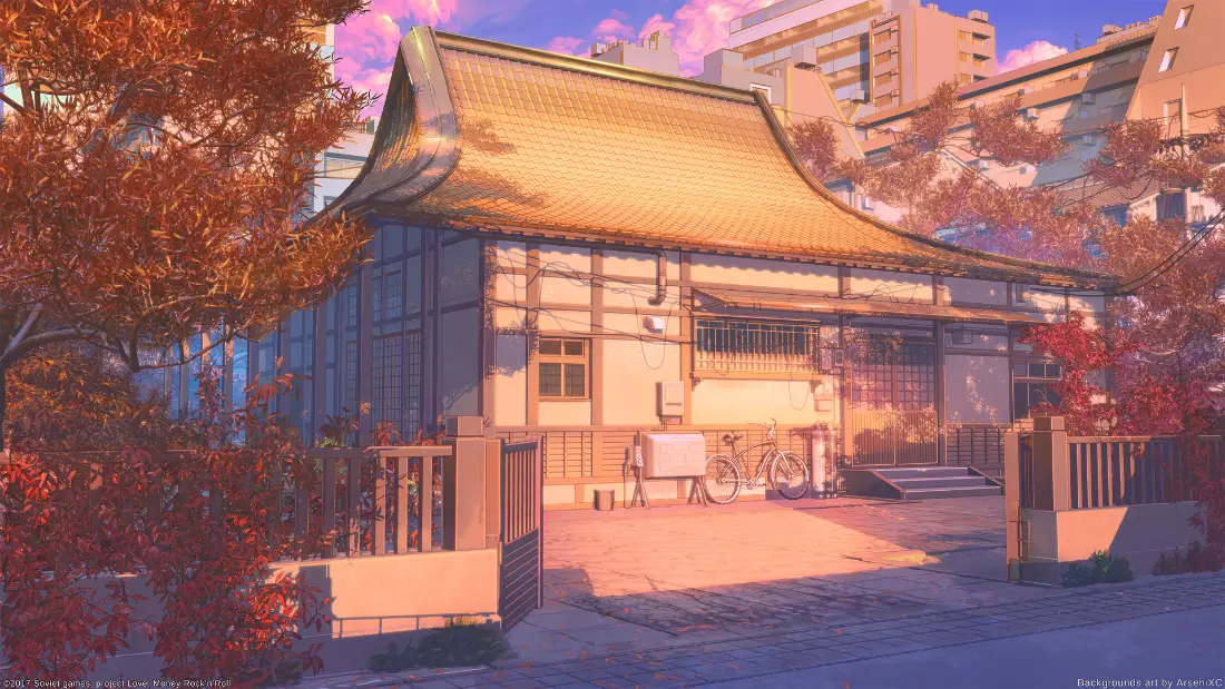 黄昏暖光下的日式传统民居，周围环绕红枫，背景是城市楼宇。