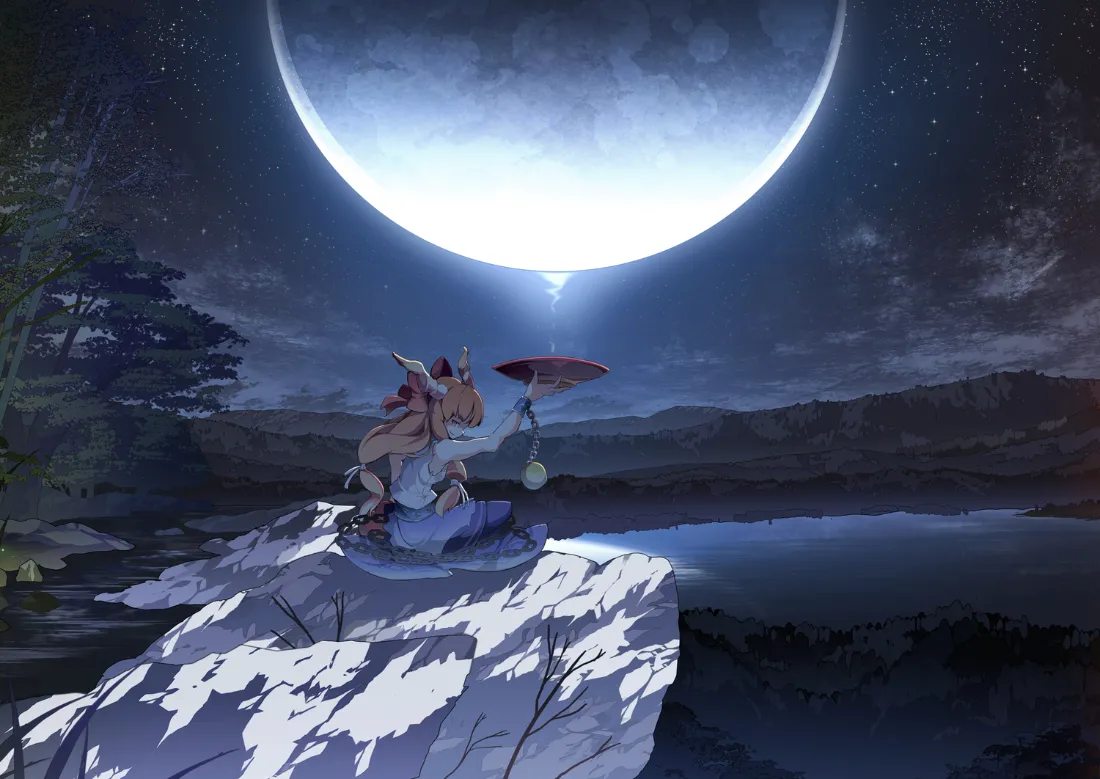 月夜下伊吹萃香独坐临水岩石，仰望巨型弯月，氛围静谧梦幻。
