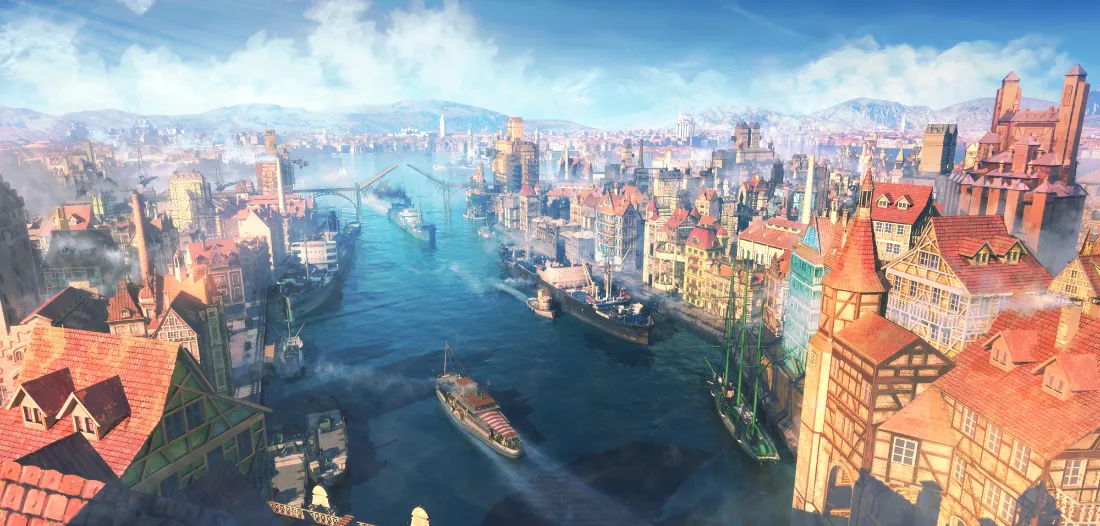 2k二次元城市壁纸|河流景观背景图片 - 动漫场景「哲风壁纸」 高空俯瞰的二次元河畔城市,河道穿城而过,两岸红顶建筑林立,船只航行。