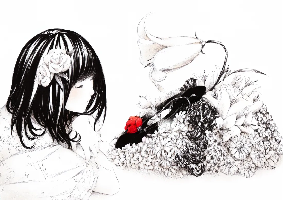 黑白线稿风格插画，左侧闭眼长发少女，右侧花丛中点缀红色瓢虫。