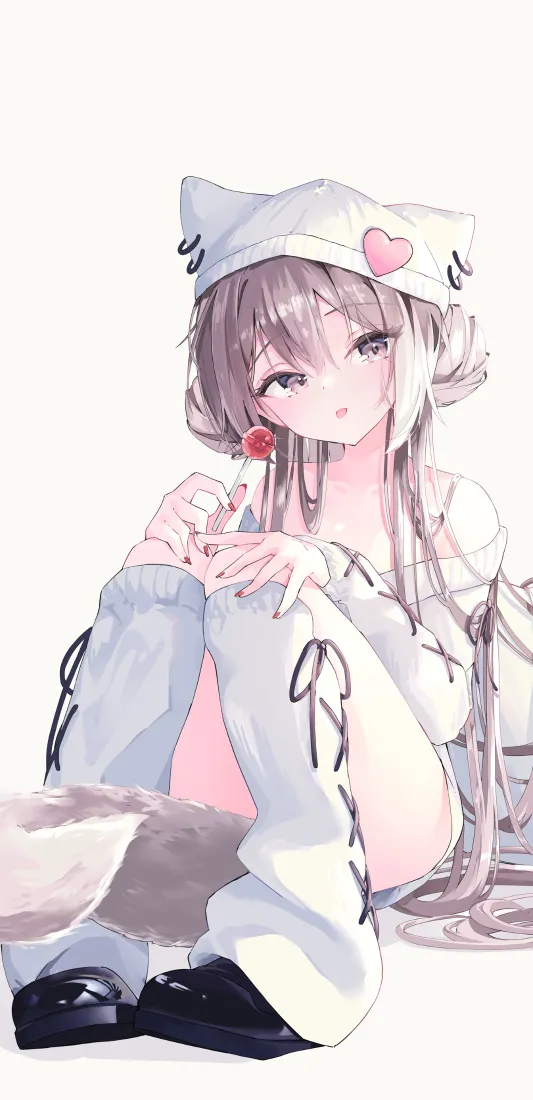 浅白背景下，戴猫耳爱心帽的粉发二次元少女抱膝坐姿，画风软萌清新。