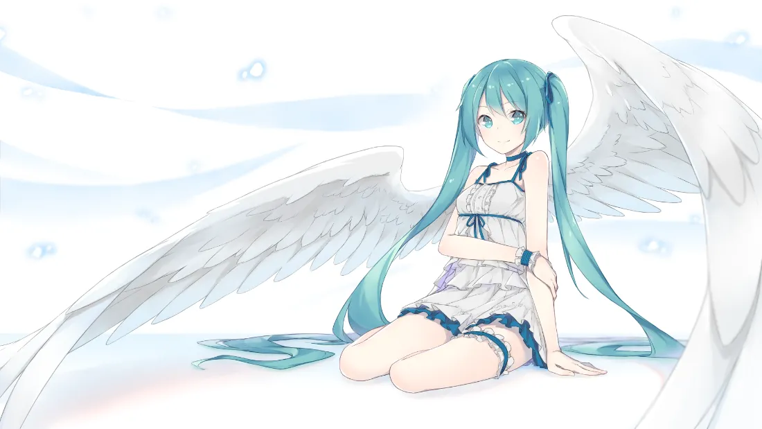 青发双马尾初音未来跪坐于云端，生有白色羽翼，身着白蓝边裙装。