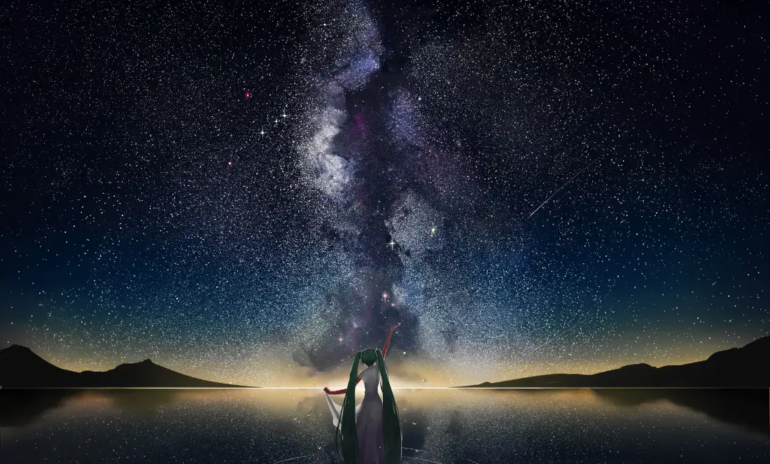 初音未来立于镜面湖面，仰望银河星空，远山剪影环绕，湖面倒映星河。