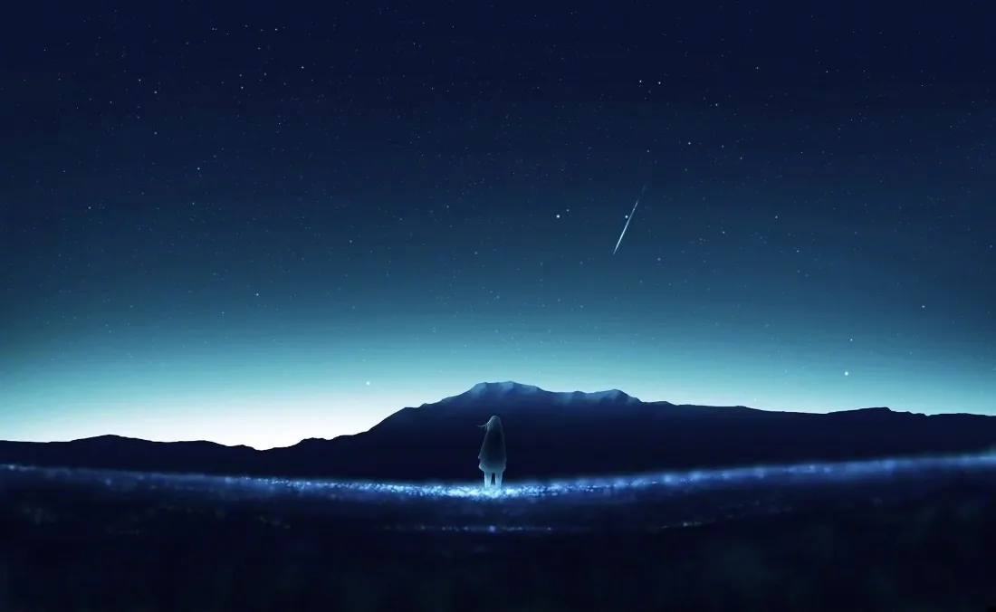 蓝调渐变星空下，一人立于发光地面，远处山脉横亘，流星划过夜空