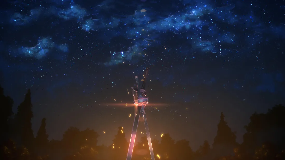 星空下的发光未来感高塔，底部有暖光与金色光点，两侧是树木剪影