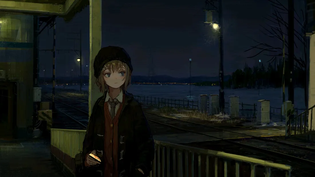 2k(少女夜景壁纸|二次元背景图片 - 静谧码头)「哲风壁纸」 夜晚静谧码头,戴贝雷帽的二次元少女手持发光物件伫立,远处水面与岸灯朦胧。