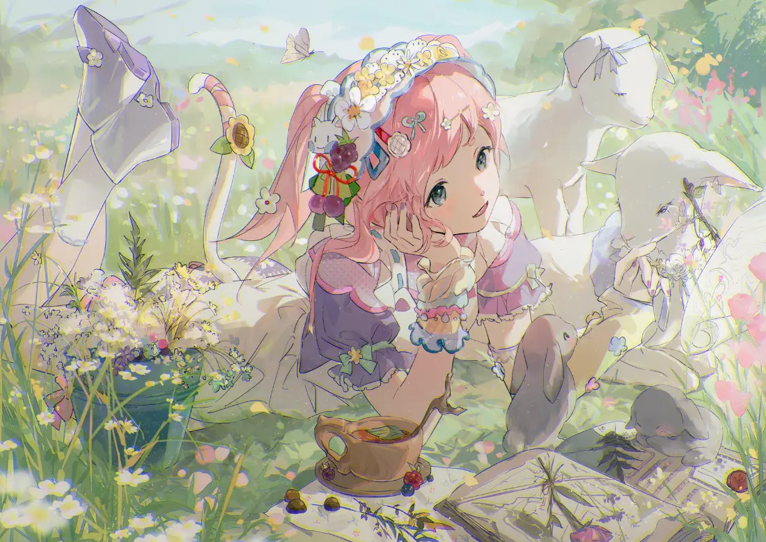 粉发少女趴在春日花丛中，身旁环绕白色小羊，氛围清新治愈。
