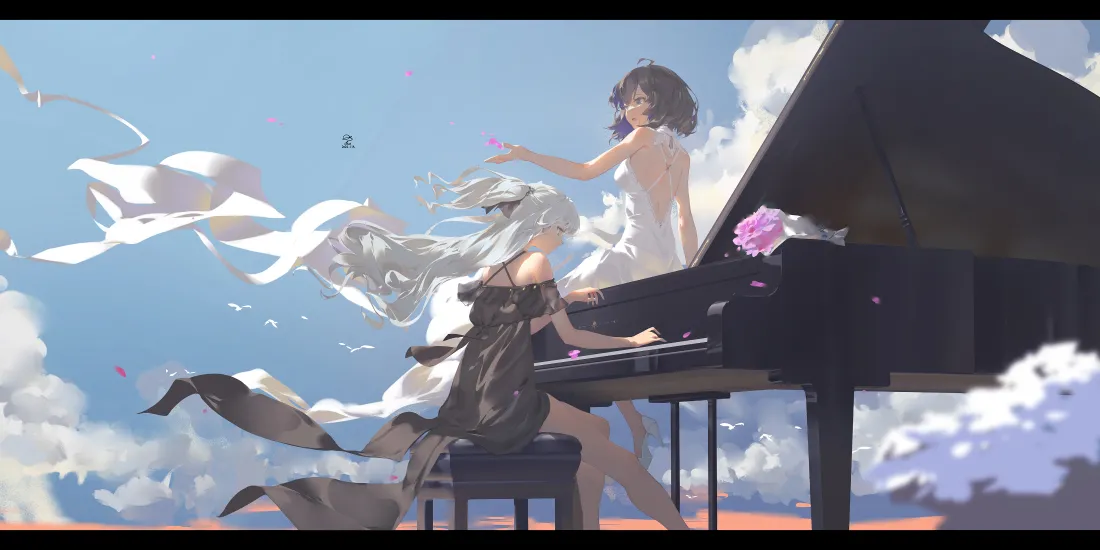 4k钢琴少女壁纸|纸飞机天空背景图片 - 二次元「哲风壁纸」 蓝天白云下,白发少女弹奏黑色三角钢琴,旁立白衣少女,花瓣与纸飞机飘飞。