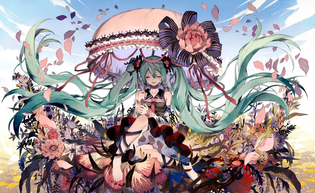 初音未来坐于梦幻花海中，撑着装饰大花的粉色洋伞，长发飘逸，花瓣纷飞。