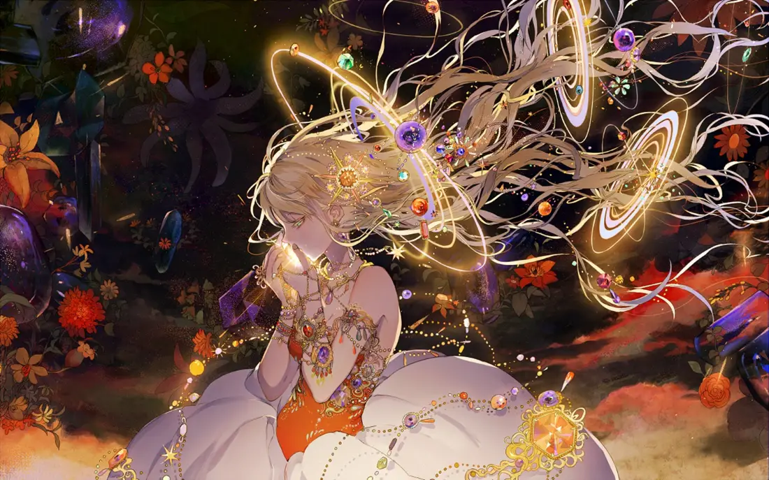 2k幻夜少女壁纸|魔法藤蔓背景图片 - 二次元「哲风壁纸」 暗调幻夜中,金发少女被魔法光带、宝石与花卉环绕,梦幻华丽。