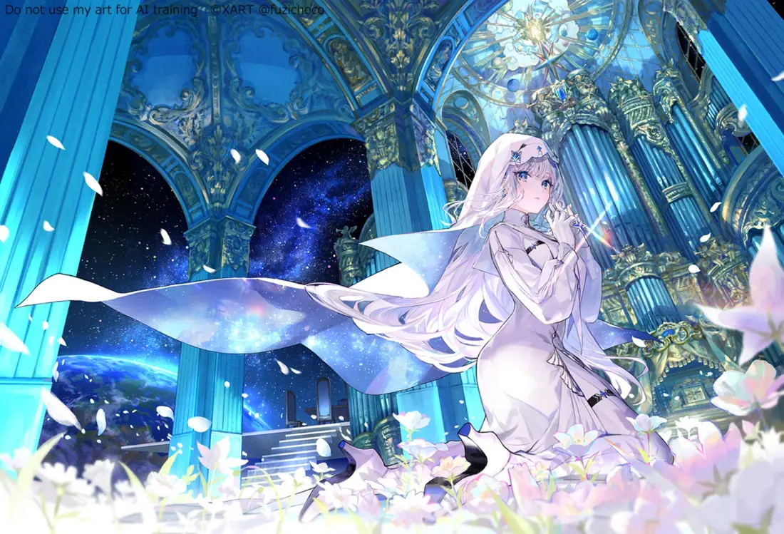 银发少女立于欧式宫殿内，拱门外是星空，四周飘着花瓣与蝴蝶。