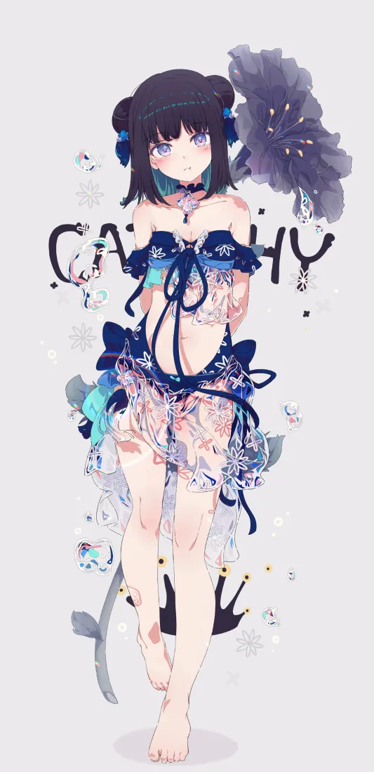 蓝调水彩风二次元少女，身着蓝白蕾丝服饰，搭配大朵灰紫花朵装饰。