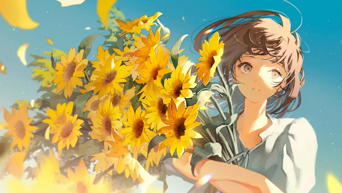 2k向日葵少女壁纸|二次元插画背景图片 - 治愈系「哲风壁纸」 短发二次元少女怀抱向日葵花束,背景是澄澈蓝天,花瓣随风飘落。