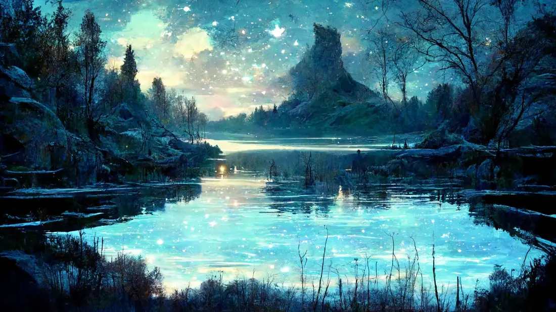 星空下的静谧湖泊，两岸林木与孤峰清晰倒映在泛着星光的湖面