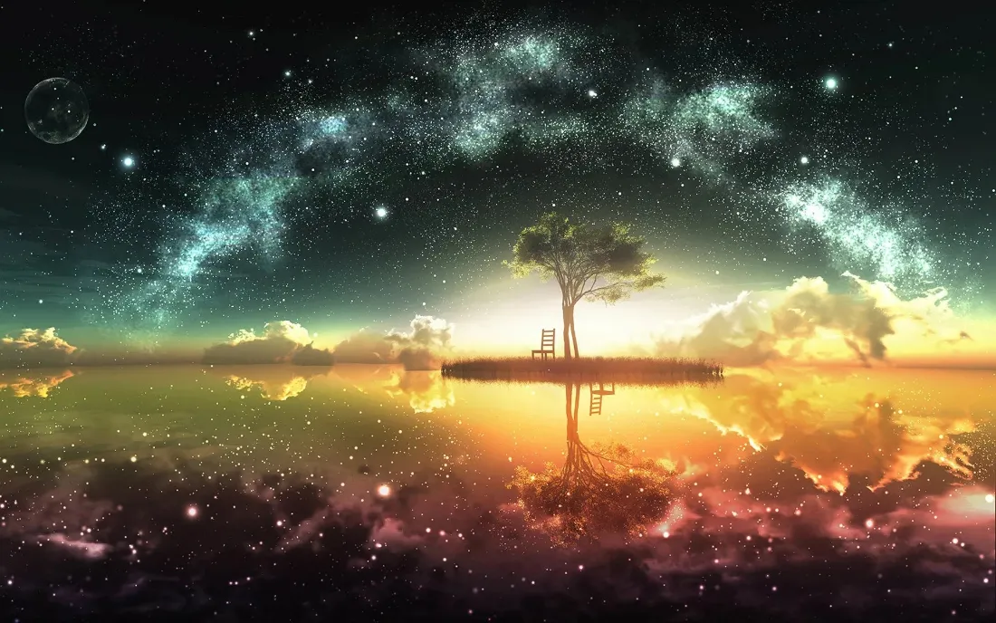 星空下的浮空平台孤树与座椅，水面倒影，梦幻二次元场景