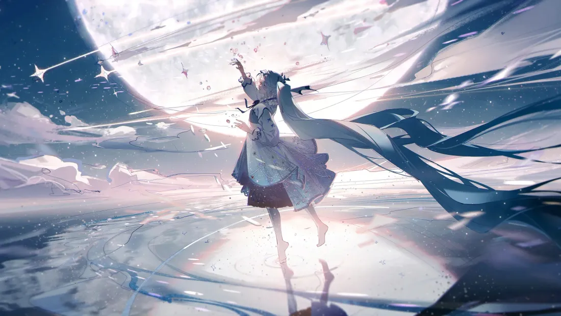 2k初音未来壁纸|月夜星空背景图片 - 二次元「哲风壁纸」 初音未来立于水面,抬手伸向满月星空,长发与裙摆随风飘逸。