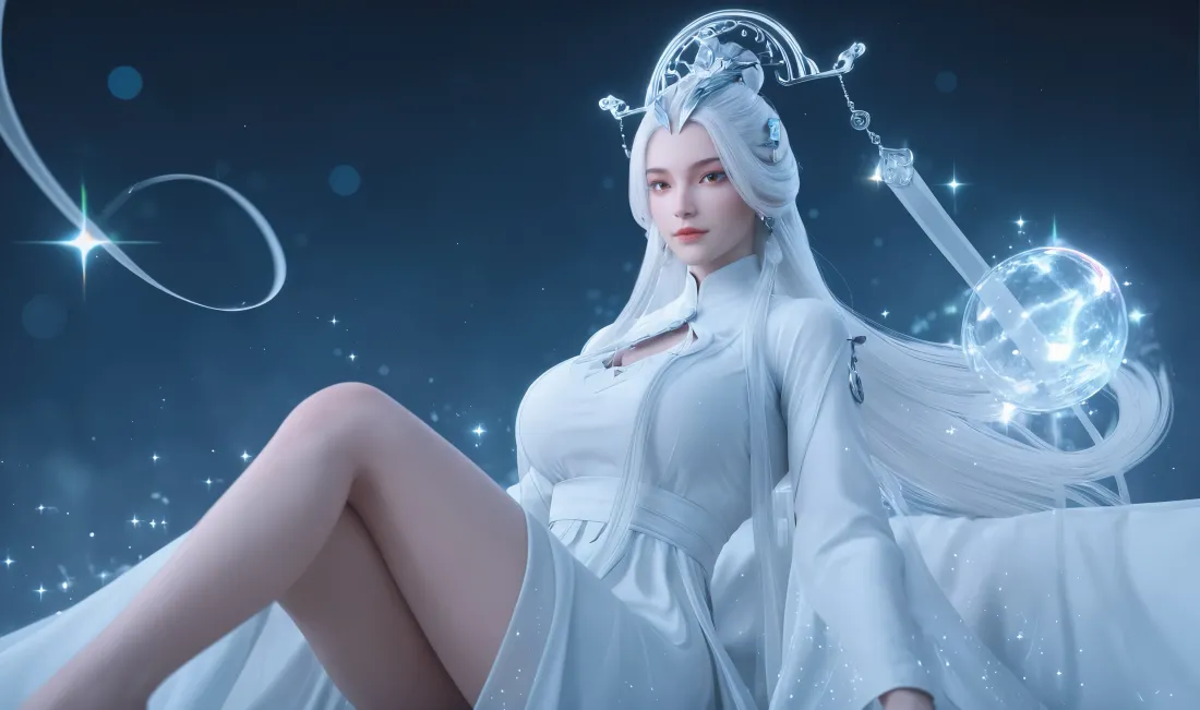 白发仙侠风格3D女性角色，身着浅白衣裙，置身星空玄幻背景中