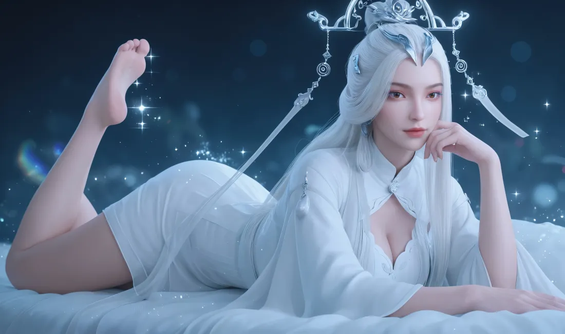 3k剑来壁纸|星空下白衣仙姬背景图片 - 仙气古风「哲风壁纸」 白发白衣古风女子侧卧于星空下,佩戴银质发冠,赤脚姿态柔美。