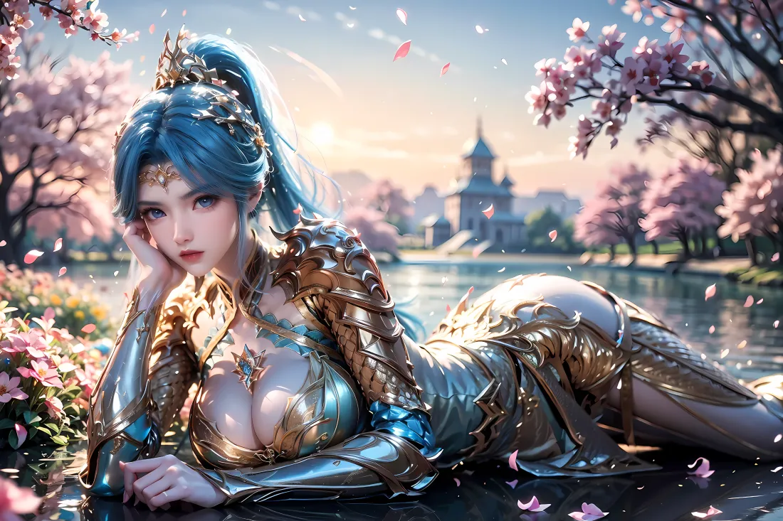 4k王冬儿壁纸|绝世唐门背景图片 - 樱花湖畔「哲风壁纸」 蓝发金蓝盔甲女子侧卧湖畔,樱花飘落,远处有中式古建与落日。
