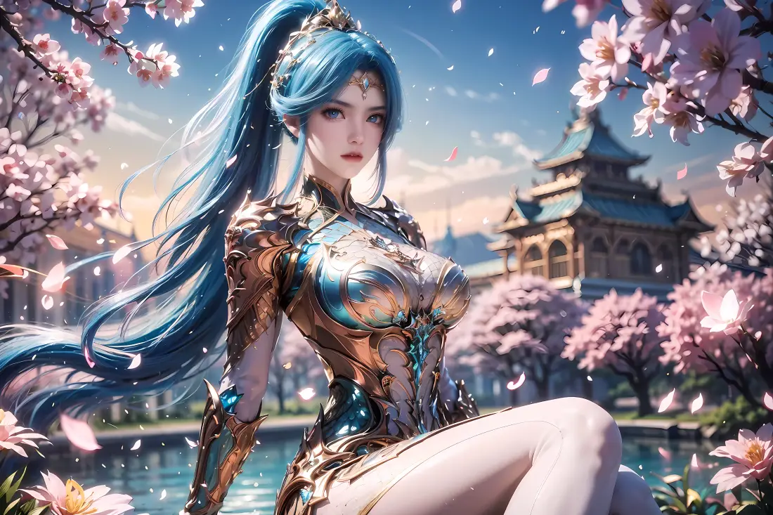 蓝发高马尾古风铠甲少女坐于湖畔，四周樱花飘落，远处有中式古建筑。