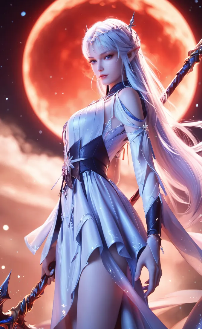 银发尖耳女角色立于红月星空下，身着白裙持武器，氛围梦幻。