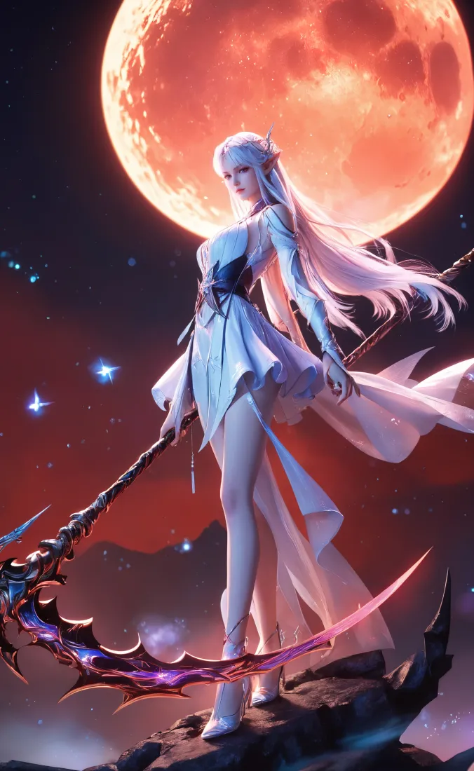 银发女武神持长柄武器立于岩石，身后悬着巨大血色满月，星空点缀其间。