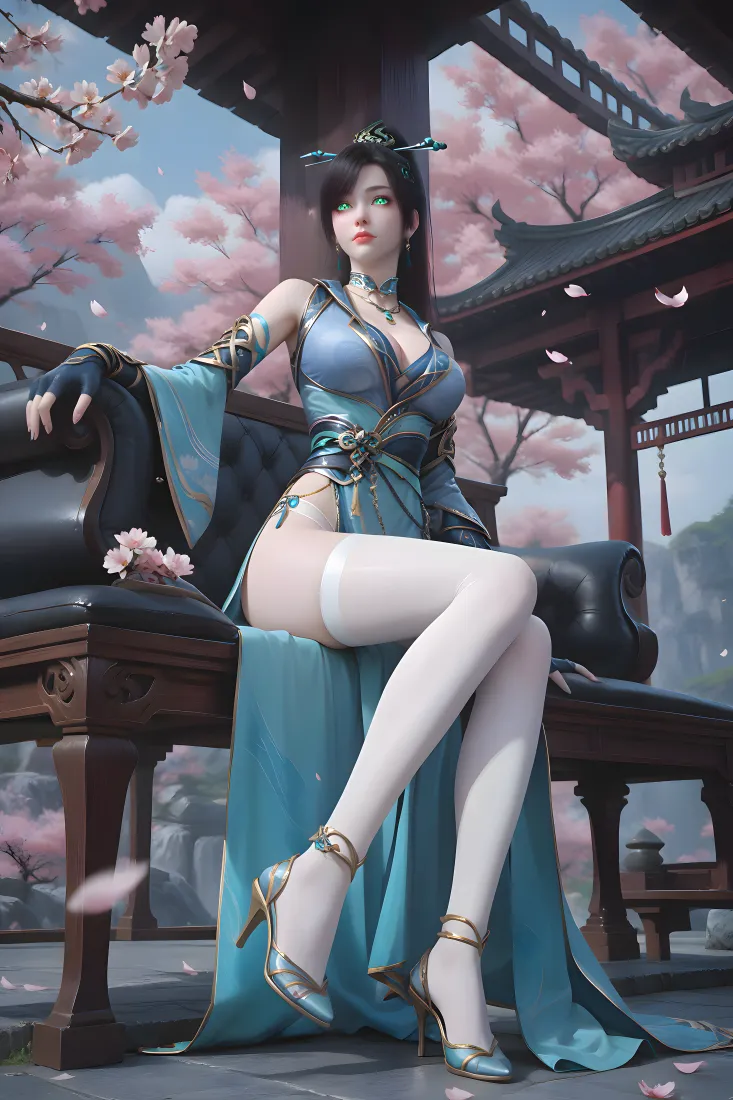 青裙古风女子坐于中式廊下长椅，背景樱花纷飞，花瓣飘落。