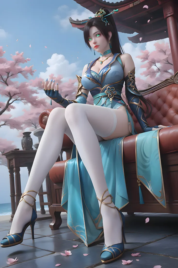 古风仙侠女子身着青蓝镶金服饰、白丝高跟，坐于中式亭台沙发，背景粉花蓝天。