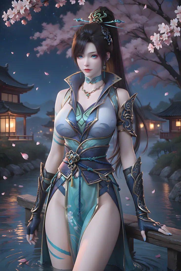 古风女子立于樱花古建筑夜景水边，身着青绿镶金仙侠服饰，花瓣飘落。