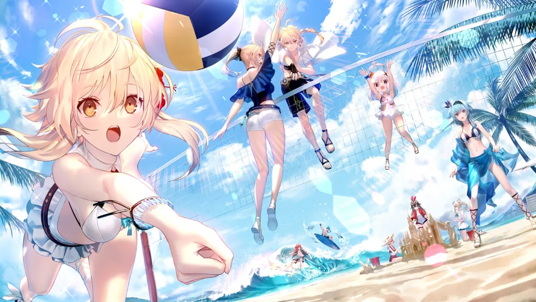 原神多位泳装女性角色在夏日沙滩打排球的二次元插画