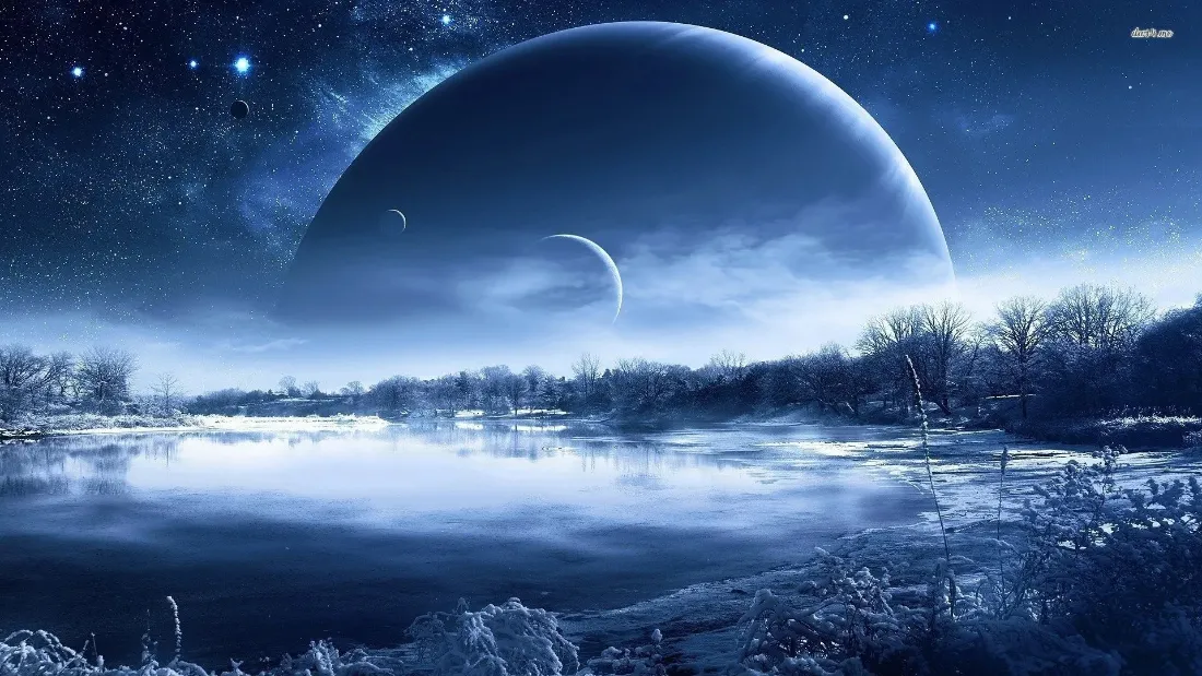 2k星空壁纸|星球背景图片 - 梦幻湖面「哲风壁纸」 巨型星球悬于星空下,平静湖面倒映天际,岸边覆霜林木静谧。