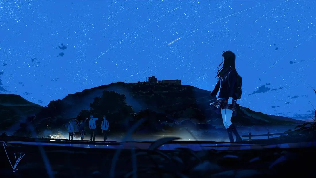 2k星空少女壁纸|夜山背景图片 - 二次元「哲风壁纸」 星空下的夜山步道,少女剪影伫立右侧,流星划过蓝色夜空。