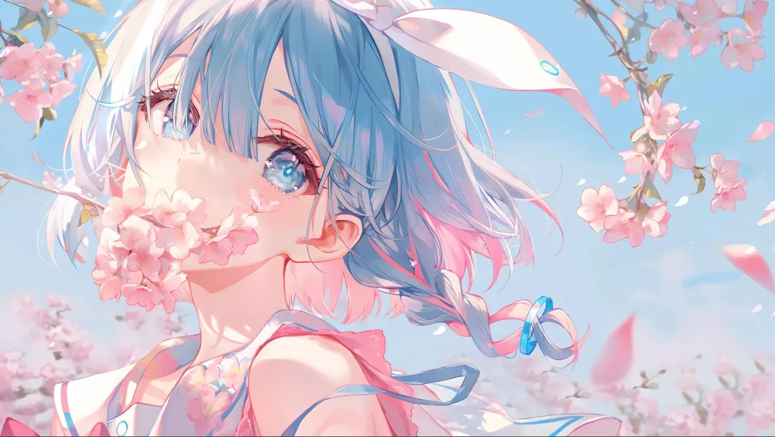 2k蔚蓝档案樱花少女壁纸|蓝发美少女背景图片 - 二次元「哲风壁纸」 蓝发粉挑染的蔚蓝档案少女置身春日樱花间,花瓣轻掩面庞。