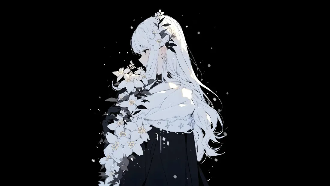 纯黑背景下，银发少女侧身而立，身侧簇拥白色花卉，点缀细碎光点。