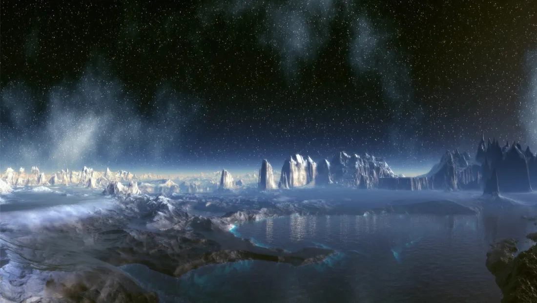 星空下的雪山与湖泊，云雾缭绕，湖面倒映山影，壮阔空灵。