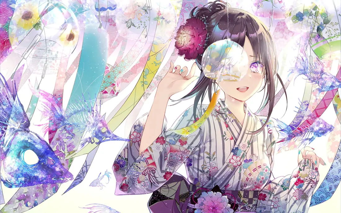 身着条纹印花和服的黑发少女，置身梦幻多彩的花卉与蝶形光影之间。