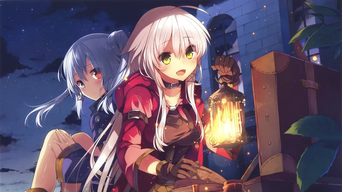 2k双马尾少女壁纸|灯笼少女夜旅背景图片 - 二次元「哲风壁纸」 夜晚星空下,两名二次元少女相伴,白发少女手持发光灯笼,氛围温馨梦幻。