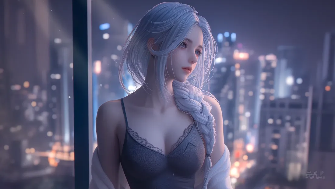 4k纯欲风壁纸|都市夜景背景图片 - 白发少女「哲风壁纸」 银发编辫少女身着黑色蕾丝吊带,立于落地窗前,背景是虚化的都市夜景。