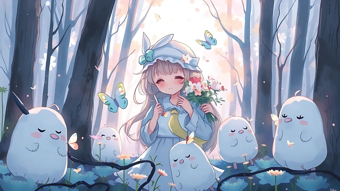 冬日森林中，戴兔耳帽的二次元少女怀抱花束，身旁环绕软萌白色小生物与蝴蝶。