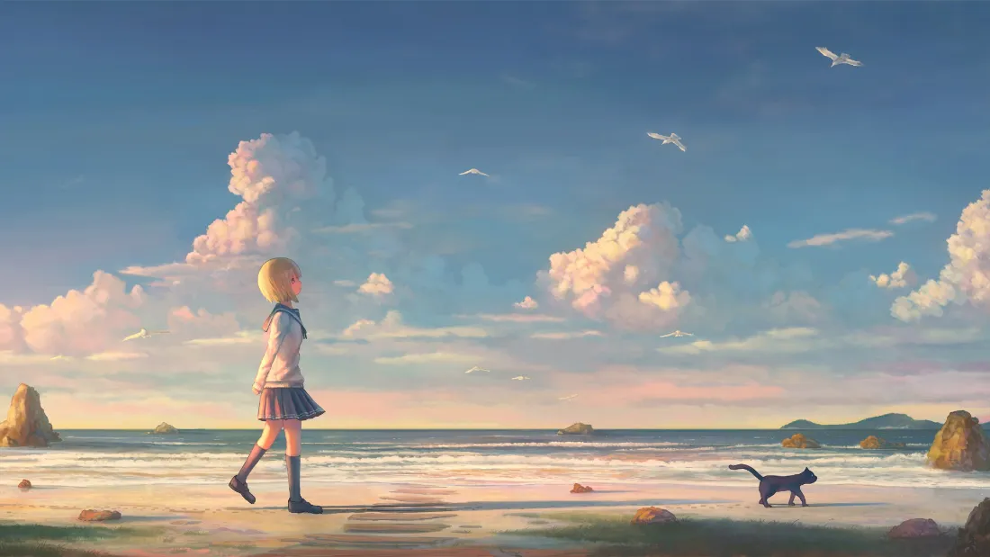 黄昏海滩上，穿水手服的金发少女与黑猫并肩漫步，粉橙晚霞铺满天空。