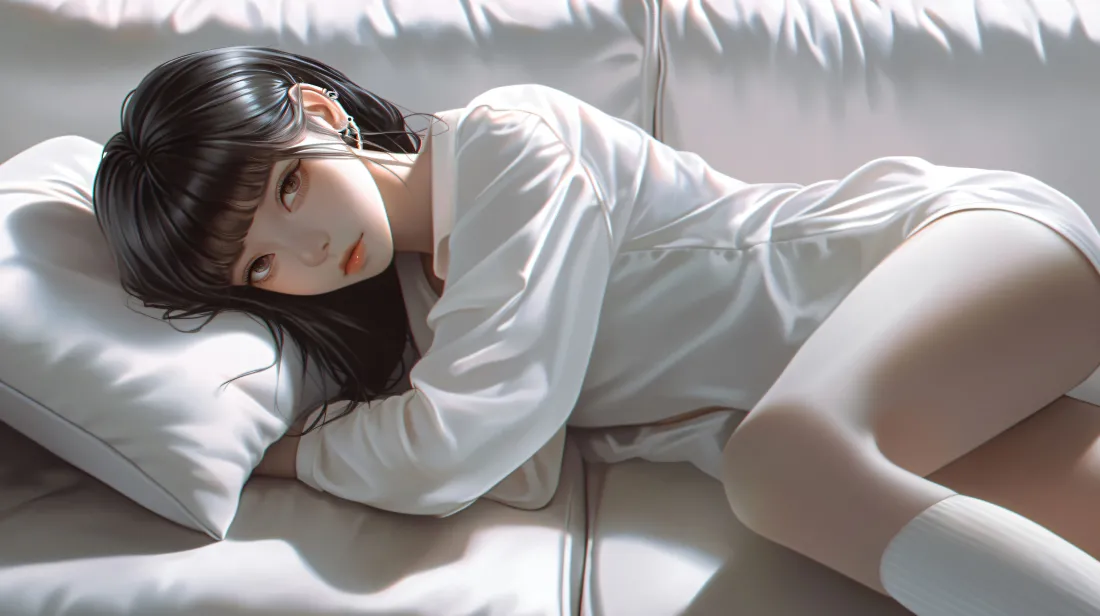 黑发齐刘海少女身着白衬衫，慵懒侧卧在白色沙发上，姿态柔和放松。