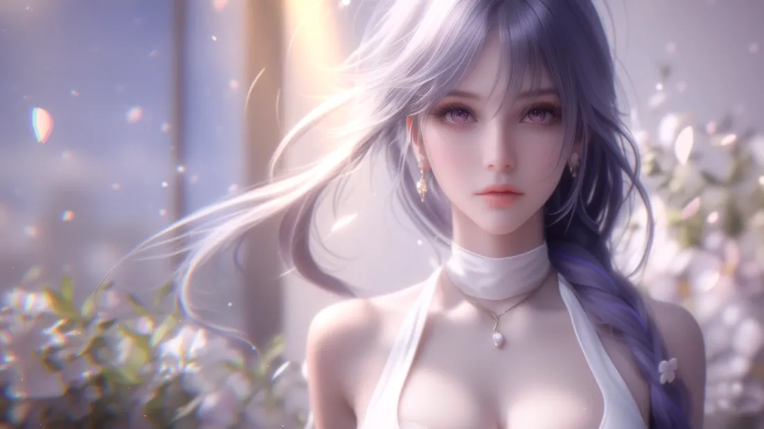 4k(灰发少女壁纸|梦幻背景图片 - 完美形象)「哲风壁纸」 紫发白衣少女半身像,逆光柔光,背景虚化朦胧梦幻